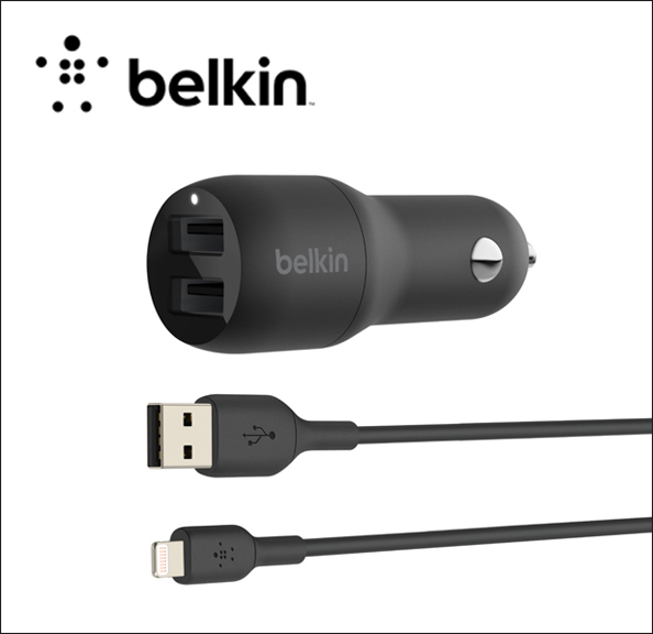 Belkin BOOST CHARGE Dual Charger Car power adapter - 24 Watt - 4.8 A - 2 output connectors (USB) - on cable: Lightning - black 