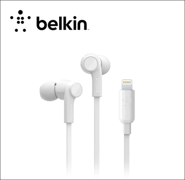 Belkin ROCKSTAR Earphones with mic - in-ear - wired - Lightning - noise isolating - white - for Apple 10.5-inch iPad Pro; iPad mini 4; iPhone 7, 7 Plus, 8, 8 Plus, X, XR, XS, XS Max 