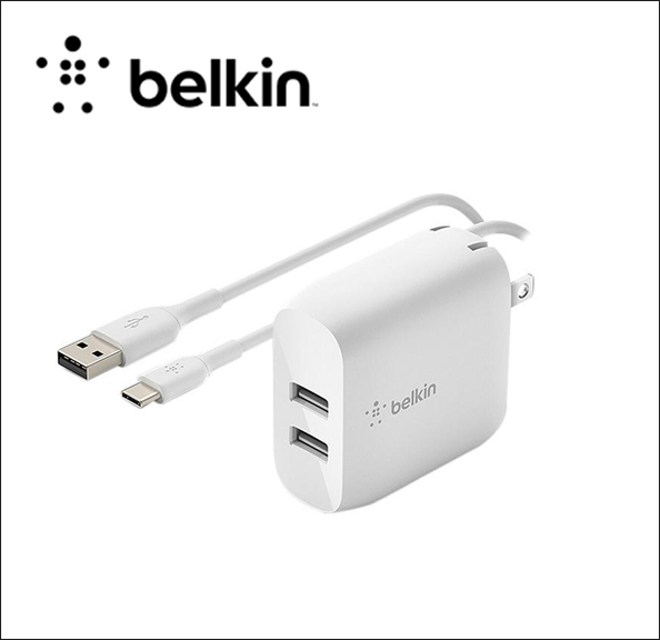 Belkin BOOST CHARGE Dual Wall Charger Power adapter - 24 Watt - 4.8 A - 2 output connectors (2 x USB) - on cable: USB-C 